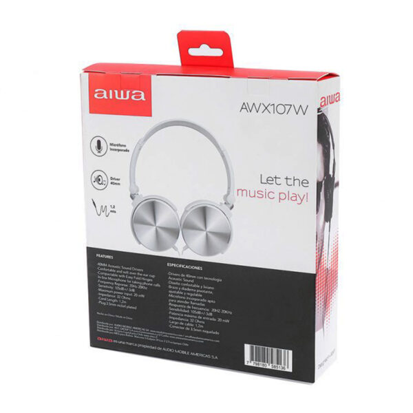 Audífonos stereo dinámico Aiwa | micrófono, cable 1.2 mts | AW-X107W - 956955 - Imagen 4