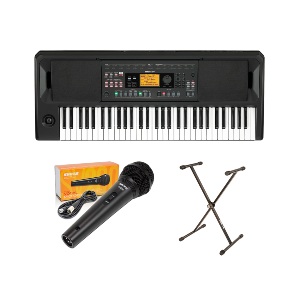 Combo Micrófono Dinámico Shure + Sintetizador Interactivo de 61 Notas + Stand de Teclado | SV-200 / EK-50 / T10 - 032005 / 859092 / 851414