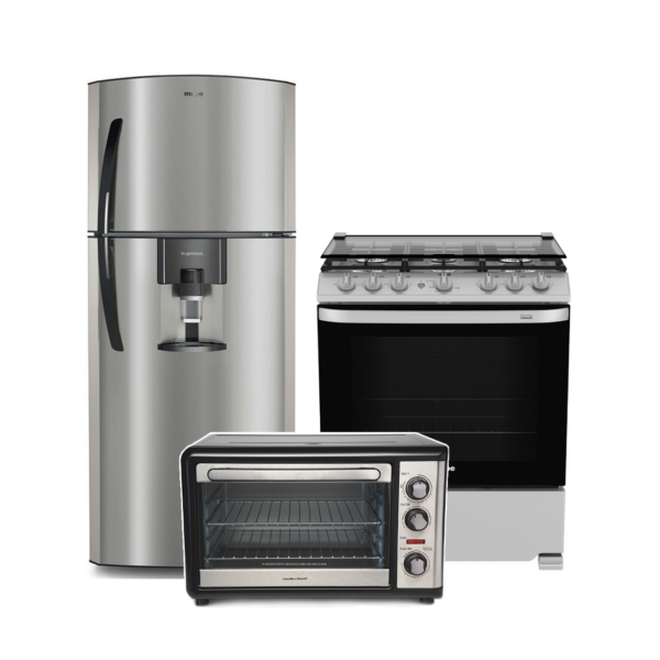 Combo Refrigeradora Mabe 16 ft³ + Estufa Mabe Gas 30″ + Horno con rostizador giratorio