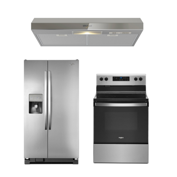 Combo Whirlpool Refrigeradora Side By Side De 25 ft³ + Estufa Eléctrica De 30″ + Campana Extractora 30″