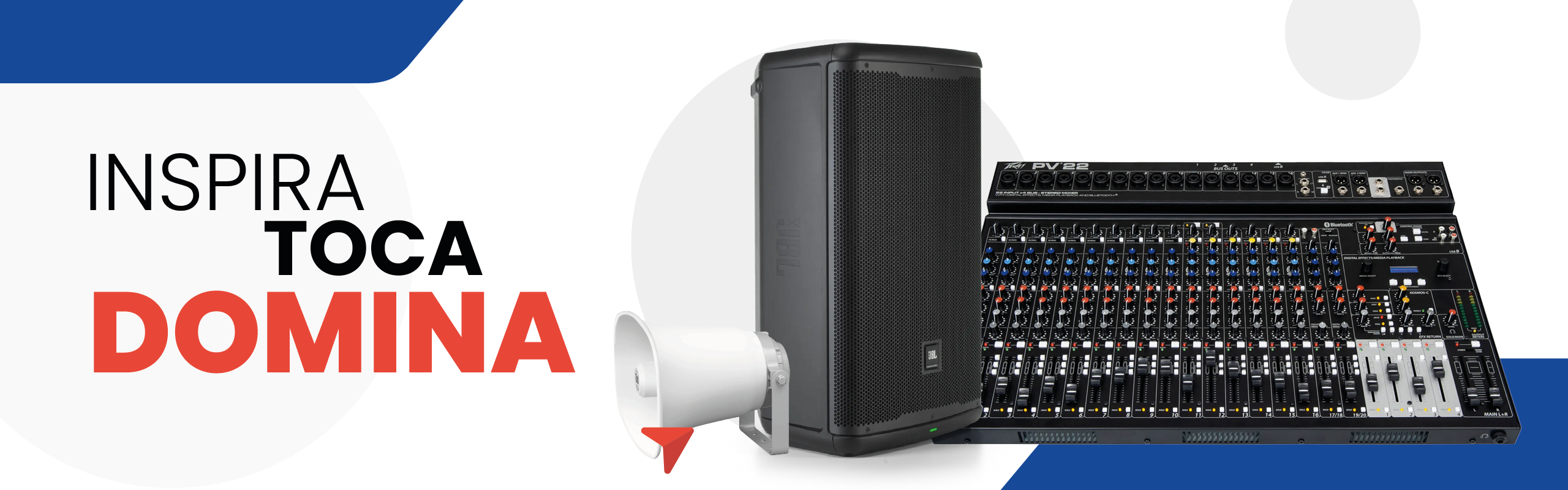 Promotional banner featuring bold text 'INSPIRA TOCA DOMINA' with a large JBL speaker and a professional mixer.