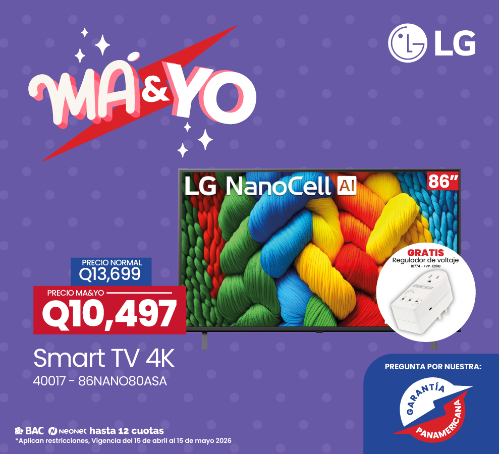 LG 86-inch NanoCell AI Smart TV on a purple promo background with May & Yo branding and pricing (Q10,497).
