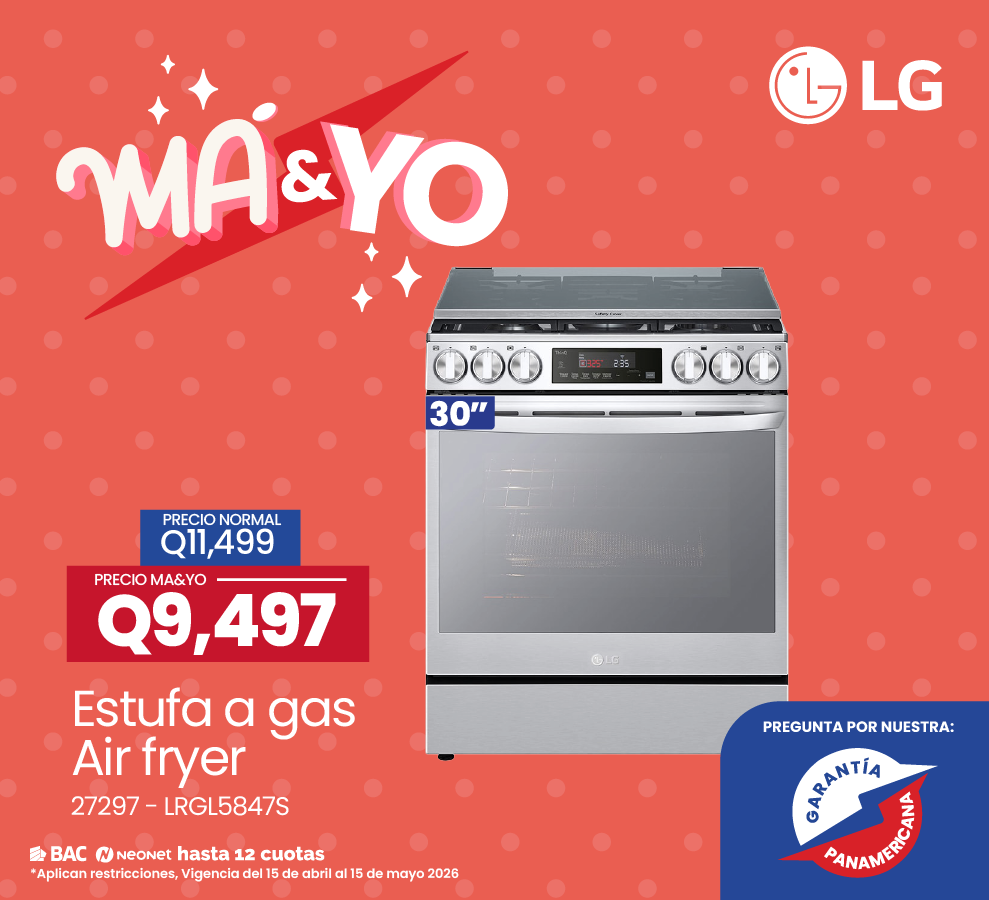 LG 30-inch gas range with air fryer feature on a coral promo backdrop; highlighted prices Q9,497 (Ma&Yo deal) and Q11,499; text 'Estufa a gas Air fryer'.