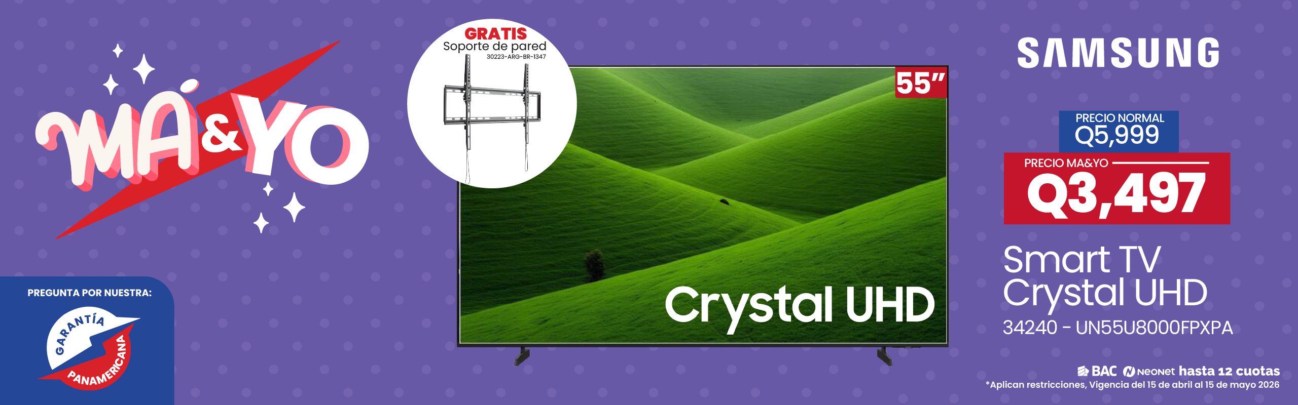Promotional banner for MA&YO featuring a 55" Samsung Crystal UHD TV and wall-mount offer, purple dotted background, prices Q3,497 and Q5,999, warranty badge.