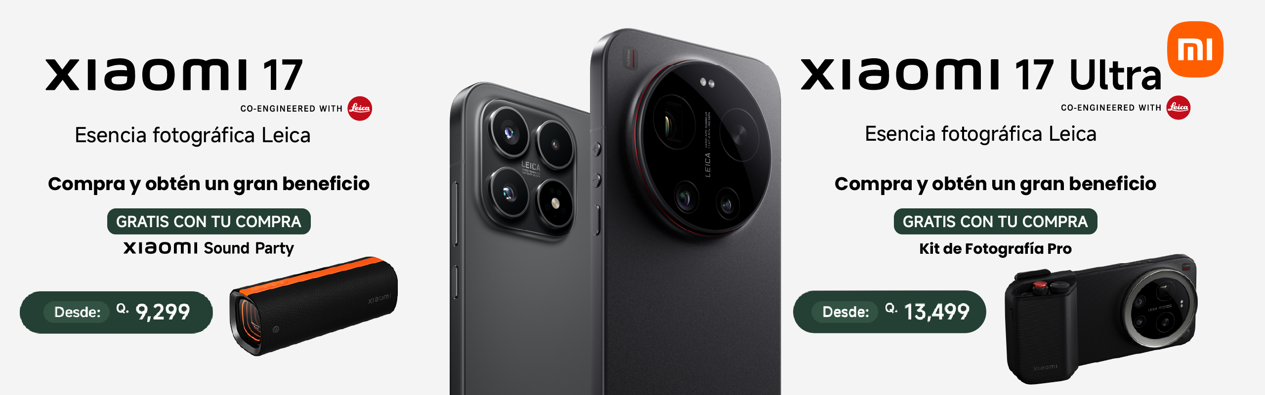Publicidad de Xiaomi: Xiaomi 17 y Xiaomi 17 Ultra con Leica, texto en español y precios desde Q. 9,299 (izquierda) y Q. 13,499 (derecha).