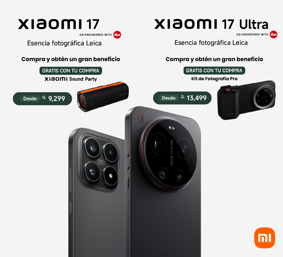 Promotional collage for Xiaomi 17 with Leica branding, showing two phones, a camera, price badges, and the Xiaomi logo.