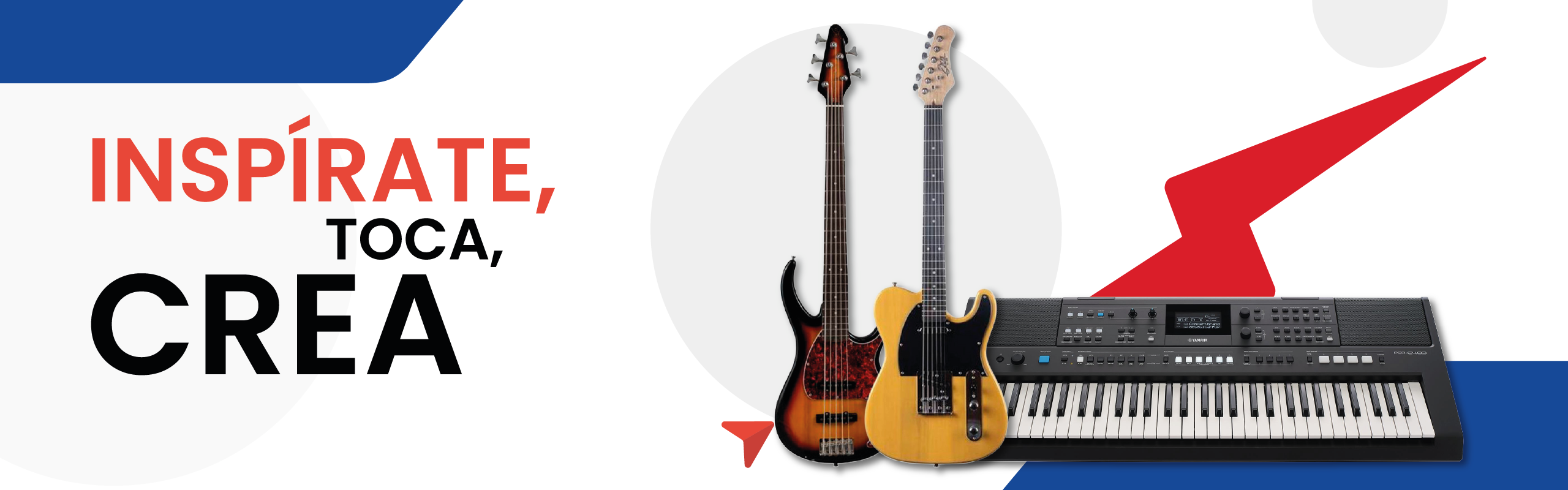 Promotional banner featuring three guitars and a keyboard on a white background, with the words 'INSPIRE, TOCA, CREA' in red and black.