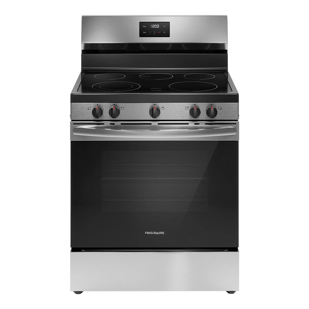Stainless steel electric range with four burner cooktop and a large glass oven door.