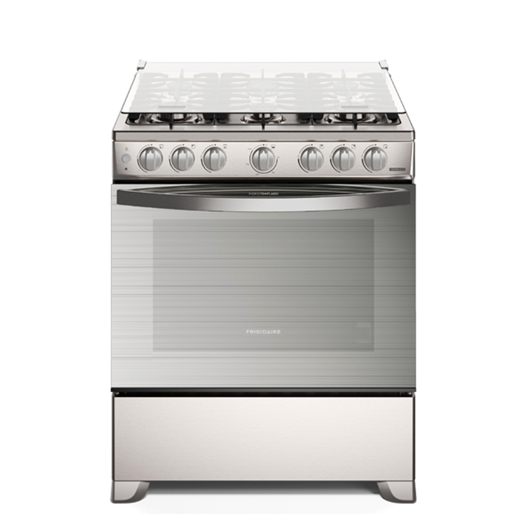 Stainless steel freestanding gas range with six burners and a full-size oven door.