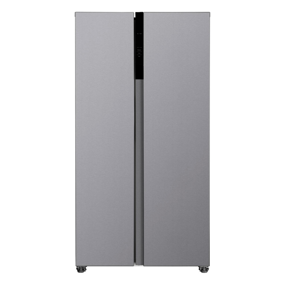 Stainless steel French-door refrigerator with split center doors and a slim black control panel at the top edge.