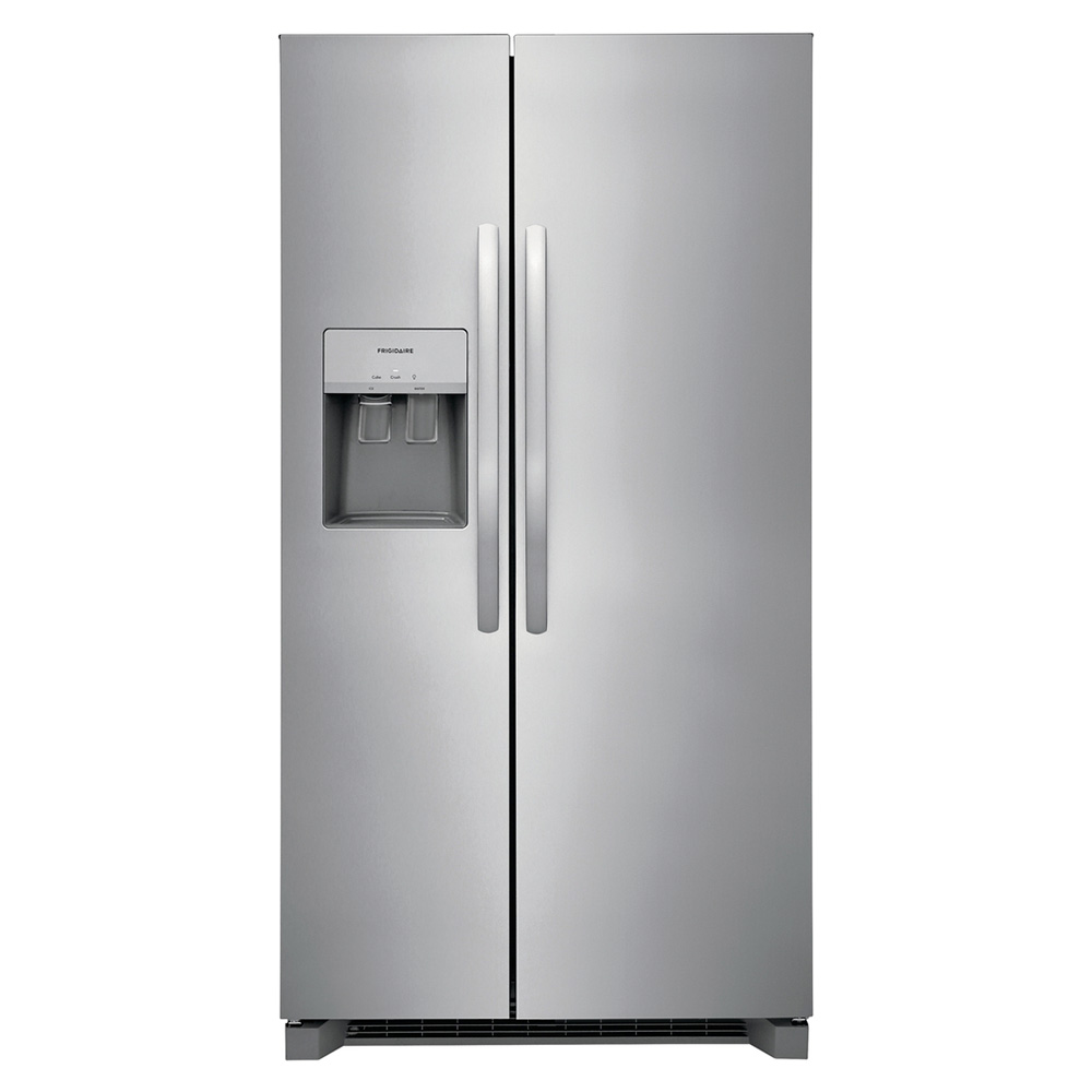Stainless steel side-by-side refrigerator with a built-in water and ice dispenser on the left door.