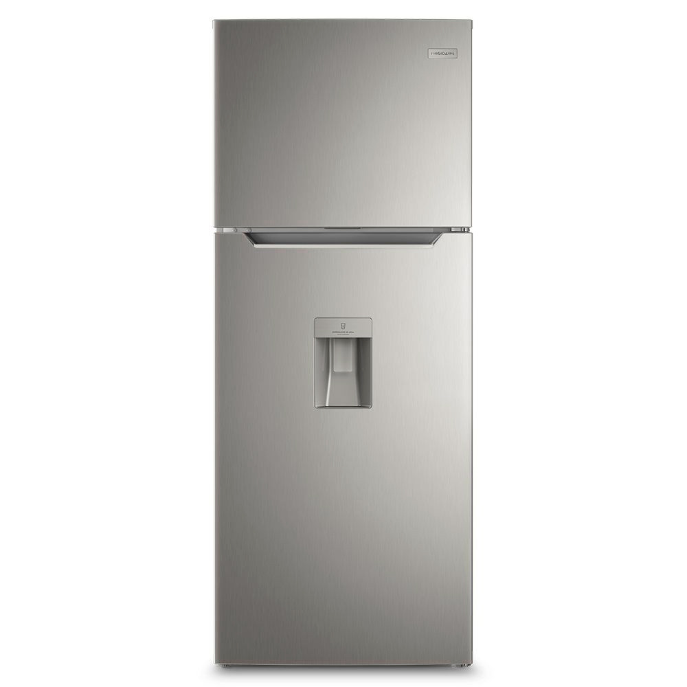 Stainless steel two-door refrigerator with top freezer and bottom main compartment, sleek modern appliance design
