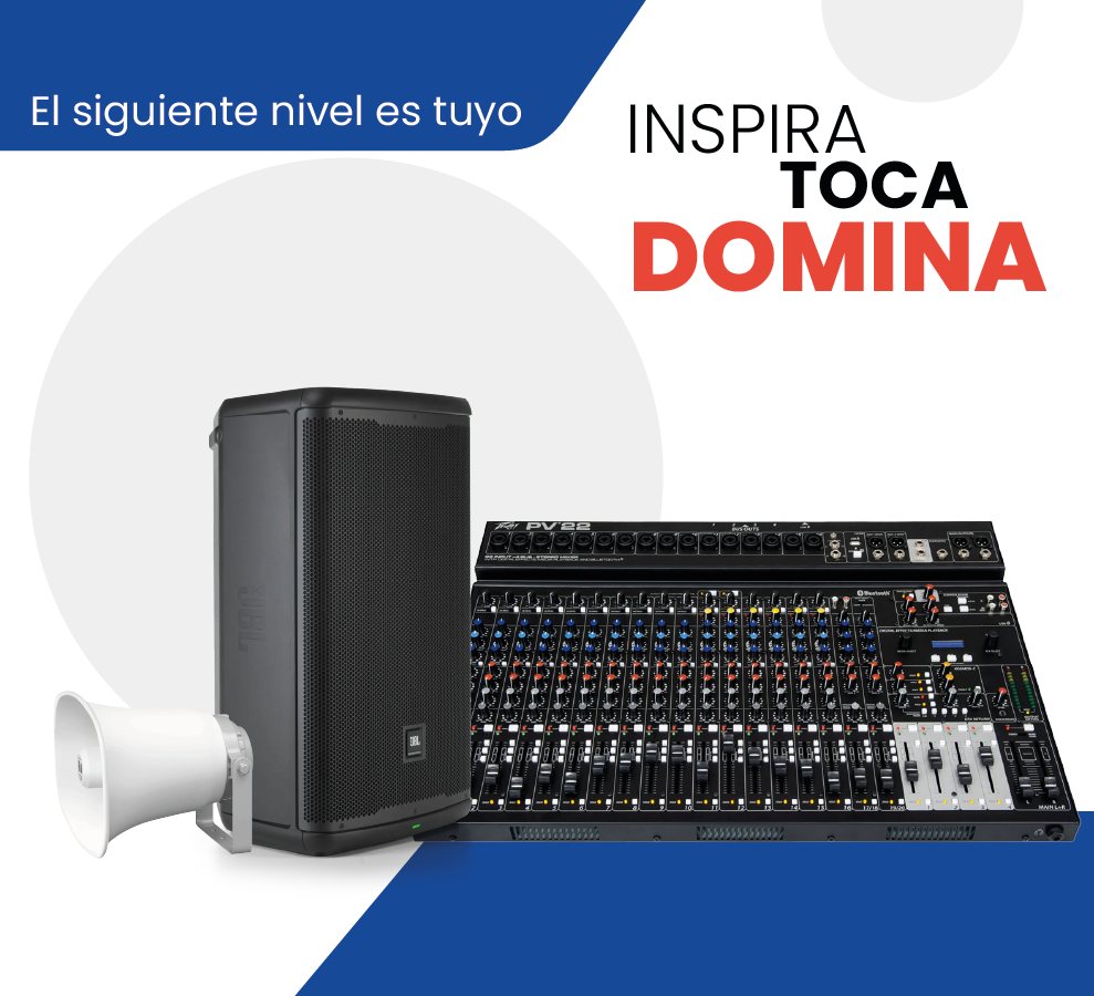 Promo image showing a loudspeaker, a professional audio mixer, and a megaphone with the Spanish slogan 'El siguiente nivel es tuyo' and 'INSPIRA TOCA DOMINA'.