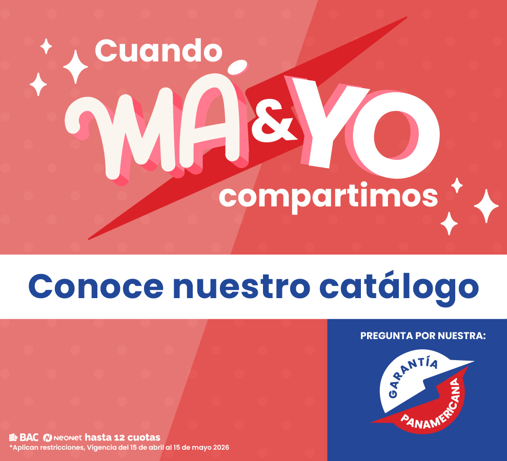 Banner promocional en español con el texto 'Conoce nuestro catálogo' y 'Cuando MA&YO compartimos' junto a logotipo de Garantía Panamericana, fondo rojo y azul.
